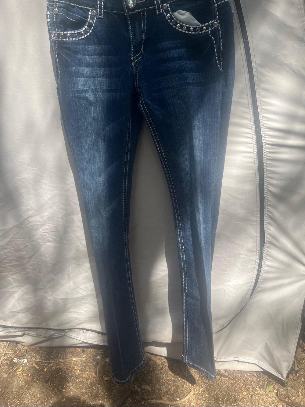 Miss Chic Jeans Dark Blue Studded Bootcut Jeans with Whisker Fade